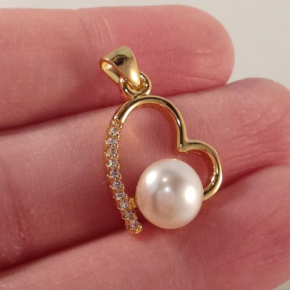 18K Yellow Gold Filled Heart Pearl Diamond Zircon Romantic Necklace Pendant - Picture 3 of 6